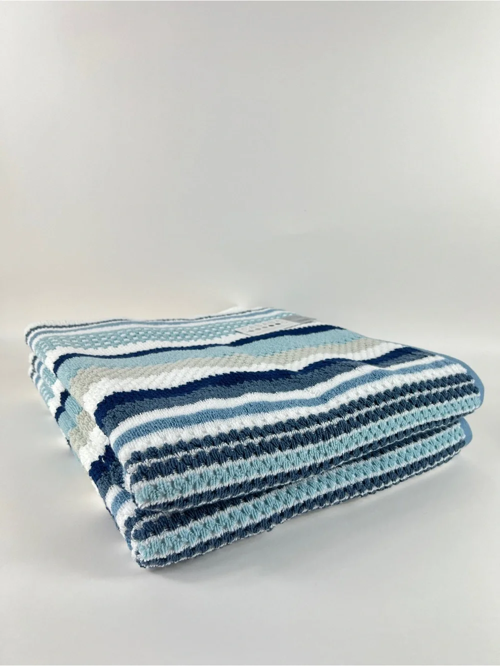 Casaba 2 Pc Bath Towel Set Blue White Taupe Striped Super Soft Cotton Blend NEW